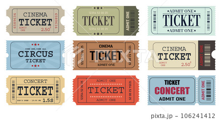 Vector set of admit one tickets template. Ticket for cinema,movie,circus,theatere,film,festival,casino,club,music etc. Event admission, entrance pass set .Vector illustration Vector set of admit one tickets template. Ticket for cinema,movie,circus,theatere,film,festival,casino,club,music etc. Event admission, entrance pass set .Vector illustration 106241412
