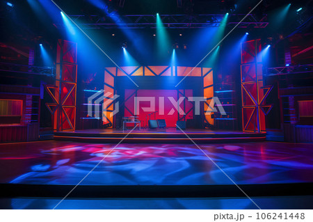 Theater stage light background with spotlight illuminated the stage for opera performance. Stage lighting. Empty stage with bright colors backdrop decoration. Entertainment show. Generative AI. 106241448