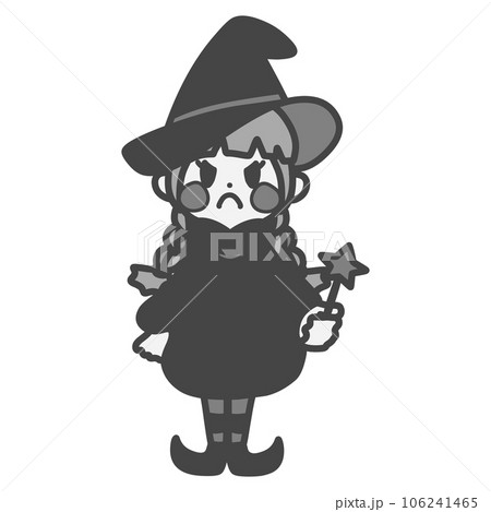 怒っているかわいい魔法使いの女の子のモノクロイラスト 106241465
