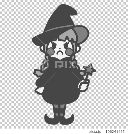 怒っているかわいい魔法使いの女の子のモノクロイラスト 106241465
