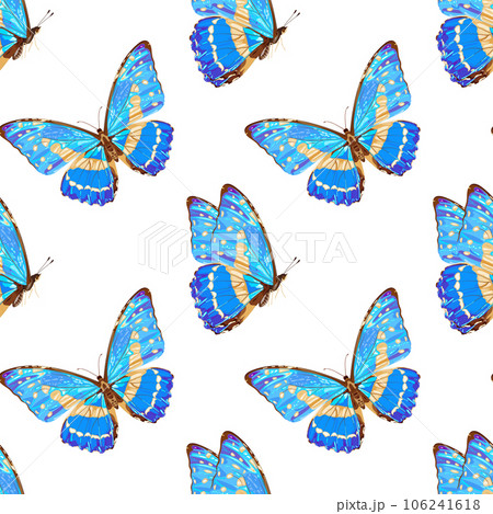 Seamless pattern with blue butterfly. Tropical insect. Neon colors. 106241618