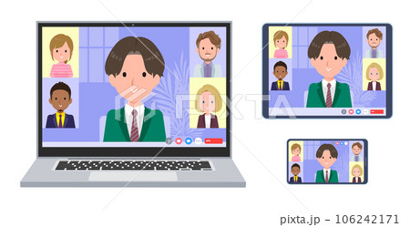 オンラインミーティングをしているブレザー男子学生のセット オンラインミーティングをしているブレザー男子学生のセット 106242171