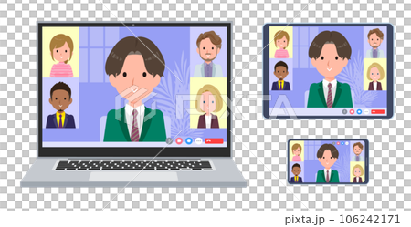 オンラインミーティングをしているブレザー男子学生のセット オンラインミーティングをしているブレザー男子学生のセット 106242171