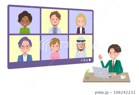 複数人でオンライン会議をしているブレザー男子学生のセット。奥行きアングル。 106242231