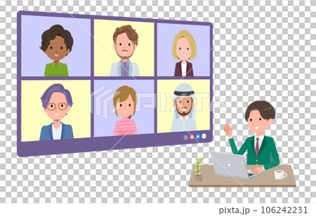 複数人でオンライン会議をしているブレザー男子学生のセット。奥行きアングル。 106242231