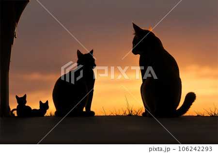 夕日に佇む猫のファミリー AI画像のイラスト素材 [106242293] - PIXTA