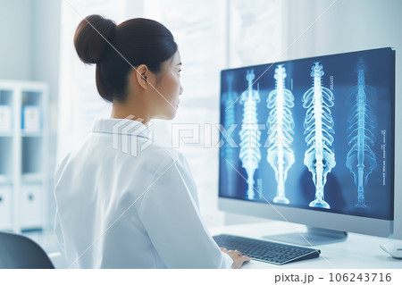 Asian woman Neurologist Looks at Screen with MRI Scan and diagnose. Generative AI illustration 106243716