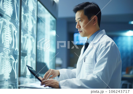 Asian Man Neurologist Looks at Screen with MRI Scan and diagnose. Generative AI illustration 106243717