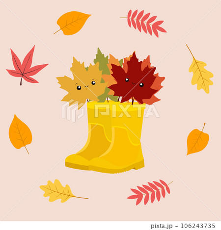 Yellow tall clear rubber boots with maple leaves in kawaii style. Gardening, autumn. Autumn banner. Vector Yellow tall clear rubber boots with maple leaves in kawaii style. Gardening, autumn. Autumn banner. Vector 106243735