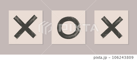 Abstract ink brush bold line geometric shapes. Grunge textured Xoxo, circle, cross symbol vector illustration poster set. Abstract ink brush bold line geometric shapes. Grunge textured Xoxo, circle, cross symbol vector illustration poster set. 106243809