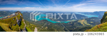 view from the top of Mount Schafberg over the landscape with mountains and Lake Mondsee and Lake Attersee, Alps, Austria view from the top of Mount Schafberg over the landscape with mountains and Lake Mondsee and Lake Attersee, Alps, Austria 106243965