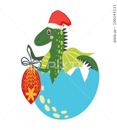 Year of the Dragon 2024, Chinese calendar. Cute green christmas dragon in santa hat 106244131