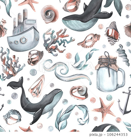 Nautical seamless pattern with whales, shells and a steamer. Watercolor illustration, hand drawn. Seamless pattern on white background. 106244353