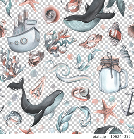 Nautical seamless pattern with whales, shells and a steamer. Watercolor illustration, hand drawn. Seamless pattern on white background. 106244353