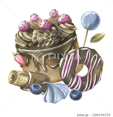 Chocolate cake with icing, donut, waffles, meringue blueberries and strawberries. Watercolor illustration hand drawn. Isolated composition on a white background. Chocolate cake with icing, donut, waffles, meringue blueberries and strawberries. Watercolor illustration hand drawn. Isolated composition on a white background. 106244359