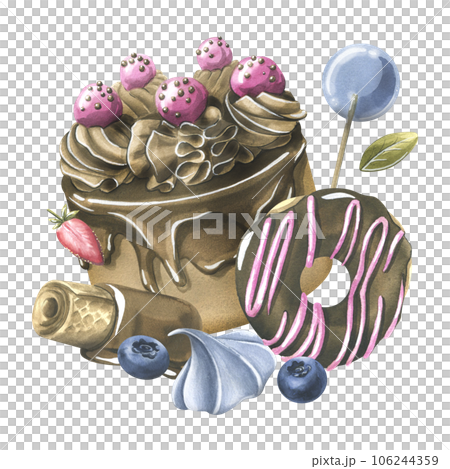 Chocolate cake with icing, donut, waffles, meringue blueberries and strawberries. Watercolor illustration hand drawn. Isolated composition on a white background. Chocolate cake with icing, donut, waffles, meringue blueberries and strawberries. Watercolor illustration hand drawn. Isolated composition on a white background. 106244359