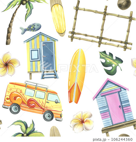 Beach cabins, surfboards, palm trees, flowers, coconuts. Watercolor illustration hand drawn. Seamless pattern on a white background. Beach cabins, surfboards, palm trees, flowers, coconuts. Watercolor illustration hand drawn. Seamless pattern on a white background. 106244360