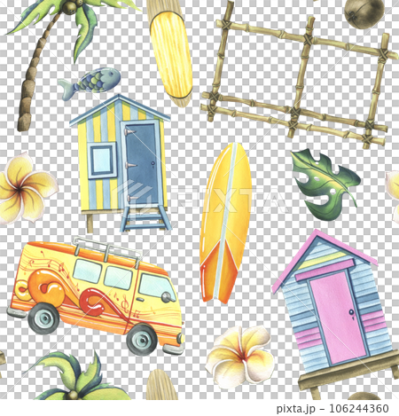Beach cabins, surfboards, palm trees, flowers, coconuts. Watercolor illustration hand drawn. Seamless pattern on a white background. Beach cabins, surfboards, palm trees, flowers, coconuts. Watercolor illustration hand drawn. Seamless pattern on a white background. 106244360