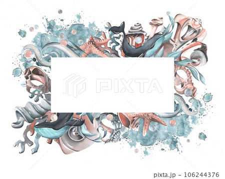 Whales with seashells, starfishes, bubbles, algae and corals turquoise. Watercolor illustration hand drawn. Template, frame on a white background. Whales with seashells, starfishes, bubbles, algae and corals turquoise. Watercolor illustration hand drawn. Template, frame on a white background. 106244376