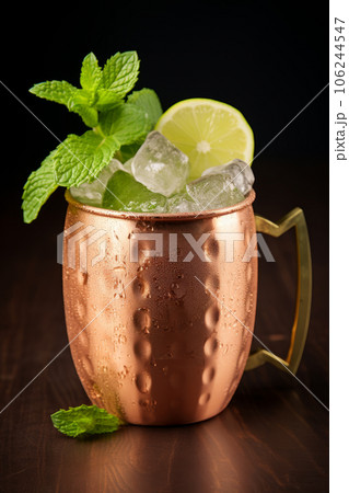 Moscow mule Cocktail with ice in a copper mug 106244547