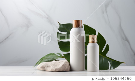 Blank plastic cosmetics containers for cream or shampoo. Cosmetics bottle mockup with tropical leaves. Blank plastic cosmetics containers for cream or shampoo. Cosmetics bottle mockup with tropical leaves. 106244560
