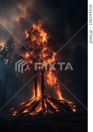 The forest is on fire. Forest fires and a lot of smoke resulted in burned trees. The forest is on fire. Forest fires and a lot of smoke resulted in burned trees. 106244916
