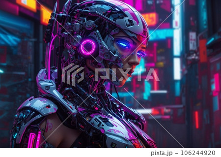 An artificial intelligence cyborg woman in a futuristic cyberpunk neon city 106244920