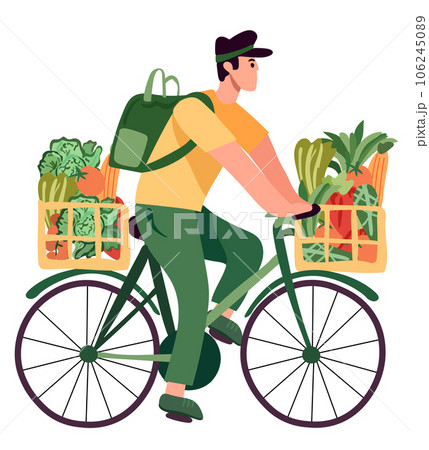 Grocery acquisition, Courier on bike delivers fresh vegetables and fruits from a supermarket. Green logistics. Ecological fast delivery home and office. Vector illustration 106245089