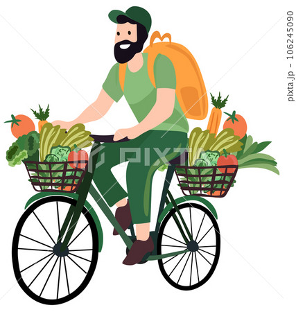 Grocery acquisition, Courier on bike delivers fresh vegetables and fruits from a supermarket. Green logistics. Ecological fast delivery home and office. Vector illustration 106245090
