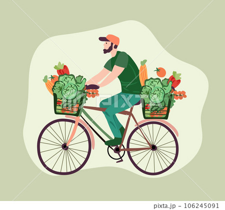Grocery acquisition, Courier on bike delivers fresh vegetables and fruits from a supermarket. Green logistics. Ecological fast delivery home and office. Vector illustration 106245091