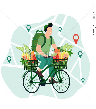 Online order, Courier on bike delivers fresh vegetables and fruits from a virtual grocery market. Ecological fast delivery home and office. Online order tracking. Vector illustration 106245092