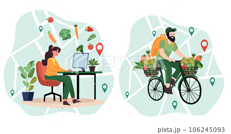 Online order, Courier on bike delivers fresh vegetables and fruits from a virtual grocery market. Ecological fast delivery home and office. Online order tracking. Vector illustration 106245093