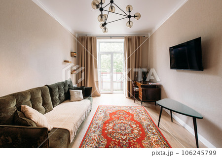 Modern Bright Living Room In Scandinavian Stylish. Bright Red Carpet On Floor. Family Apartment. Idea For Home Design. Light Colors Of Design. Stylish Apartment Interior Of Modern Living Room In 106245799