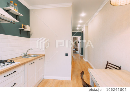 Modern Bright Kitchen In Scandinavian Stylish. Stylish Apartment Interior Of Kitchen, Kitchen Equipment. Family Apartment With Dinner Table And Chairs. Idea For Home Design. Light Colors Of Design 106245805