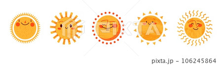 Sun icon, cute sunshine with a happy smile. Summer doodle character, sunny face for kids, hand drawn emoji, and cheerful morning sketch. Flat vector illustrations isolated in background. 106245864