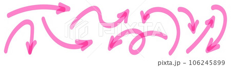 Hand drawn pink arrows with spirals and curves. Brush and markers doodle elements, pointing up. Flat vector illustration isolated on white background. 106245899