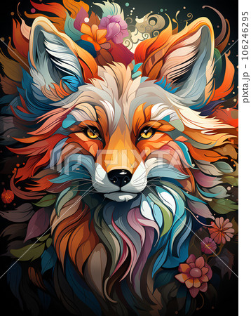 colorful fox head illustration with flowers - Generative AI 106246295