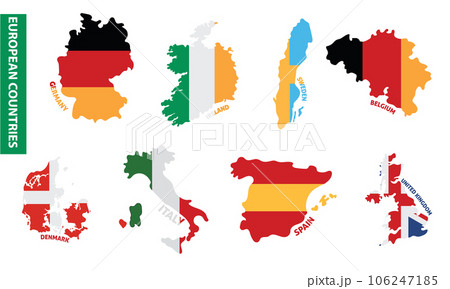Set of colored european country maps with its flags Vector 106247185