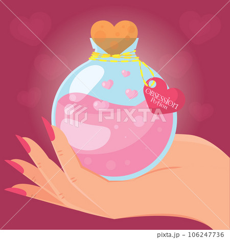 Hand holding a magical love potion elixir Vector 106247736
