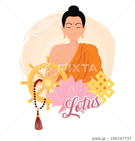 Buddha character with different buddhism items Vector 106247737