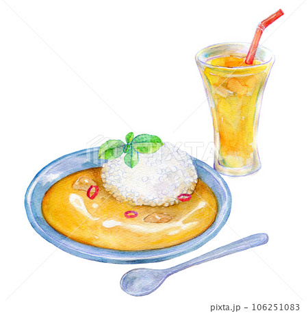 バターチキンカレーとマンゴーラッシーのセット　水彩イラスト 106251083