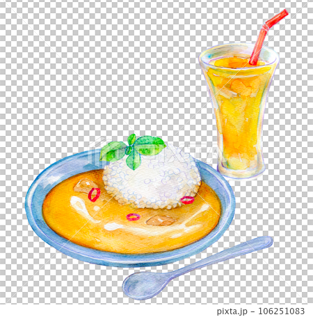 バターチキンカレーとマンゴーラッシーのセット　水彩イラスト 106251083