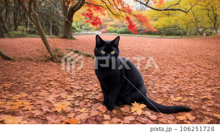 落ち葉の絨毯と黒い猫 106251728