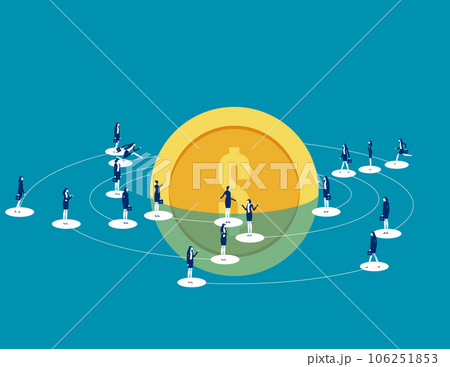 Business people on around big coin. Business financial vector illustration Business people on around big coin. Business financial vector illustration 106251853