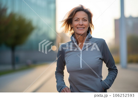 Middle-aged Scandinavian woman jogging through the empty city streets. 106252593