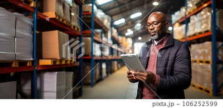 African American male accountant in a warehouse. 106252599
