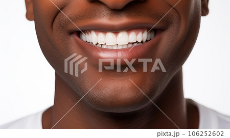 Happily smiling African American young man with perfectly white even teeth. Smiling mouth close up. 106252602