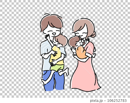 Illustration of mom and dad holding baby and brother 106252783
