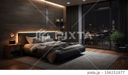bedroom with brown walls and wood floors, in the style of dark silver and light black. AI-generated content. bedroom with brown walls and wood floors, in the style of dark silver and light black. AI-generated content. 106252877