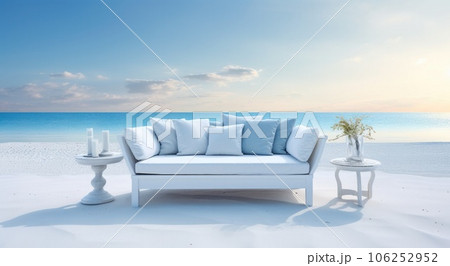 Furniture and beach luxury home with sky-blue, tranquil gardenscapes, poolcore. AI-generated content. 106252952